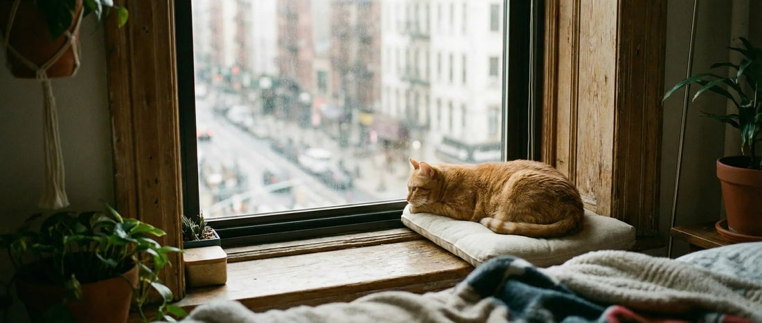 Chat d'appartement roux assis seul devant une fenêtre, regardant dehors avec mélancolie, illustrant la solitude et l'ennui du chat d'intérieur pendant la journée.