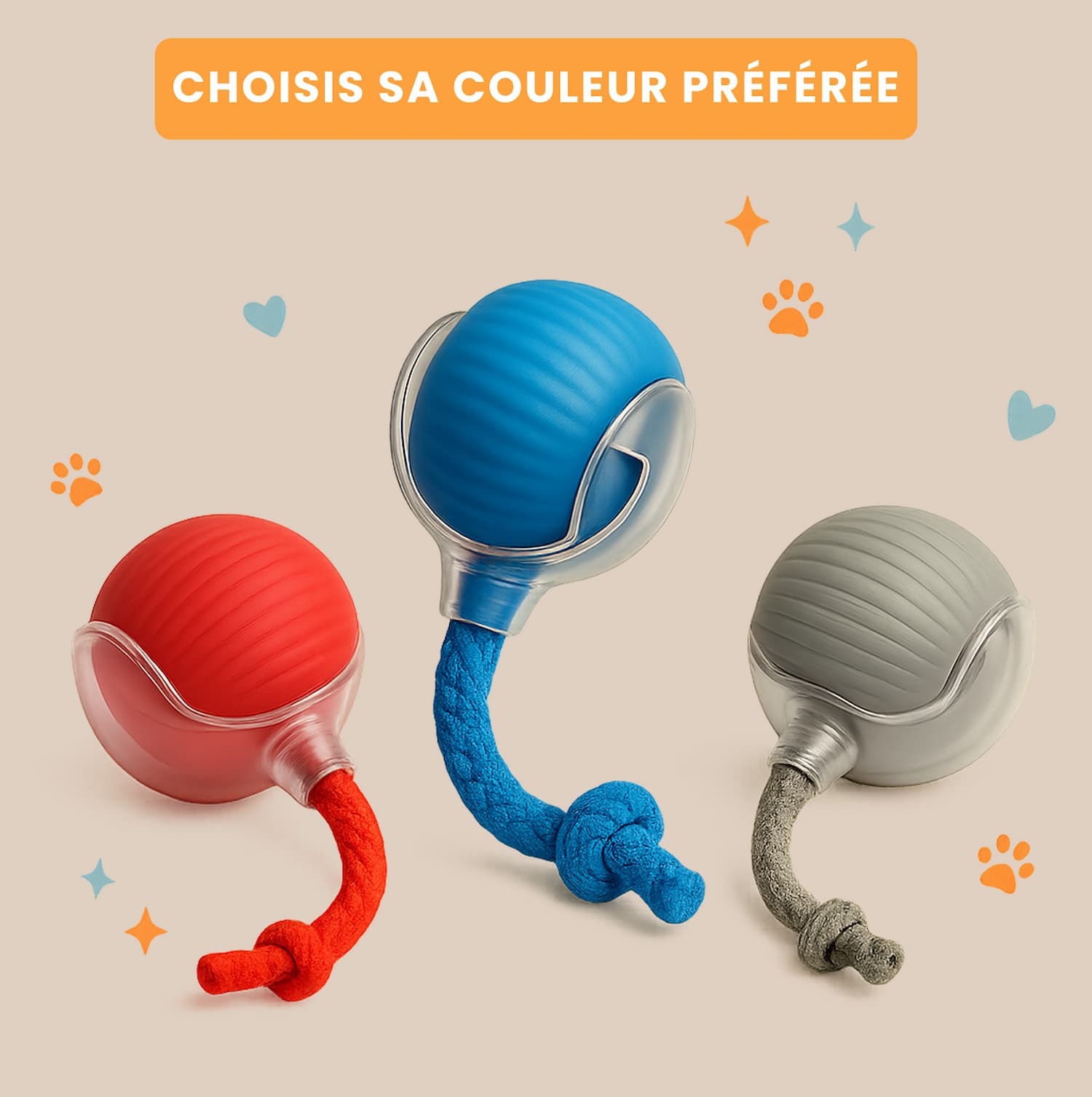 Gamme de couleurs jouet Orbitball : Rouge, Bleu et Gris avec queue en corde pour attirer le chat.