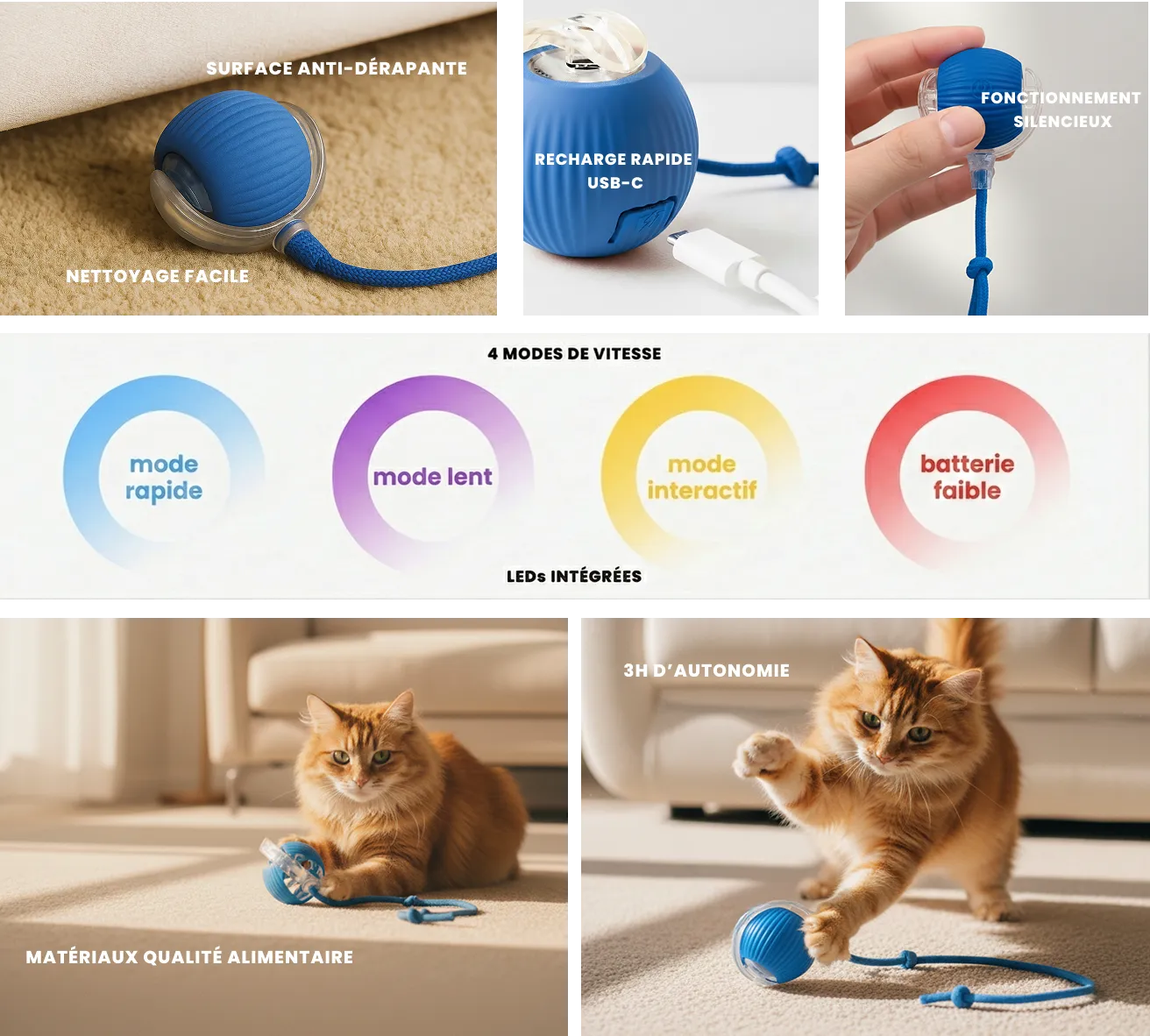 Caractéristiques techniques jouet chat automatique Orbitball : recharge USB-C, moteur silencieux, matériaux sûrs et 4 modes de vitesse.