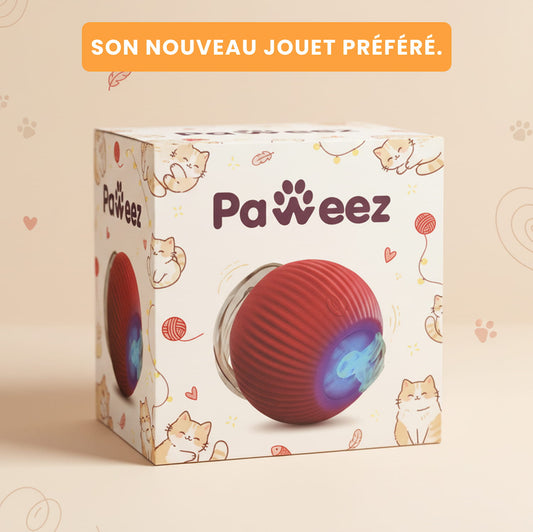 Packaging coffret cadeau Paweez pour la balle interactive Orbitball rouge - Idée cadeau pour chat.