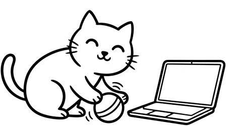 Illustration chat qui joue seul à côté d'un ordinateur portable - Solution pour occuper son chat en télétravail